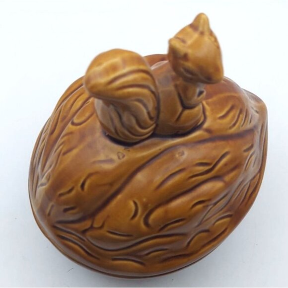 Vintage ROC Taiwan Glazed Ceramic Squirrel On Walnut Lidded Candy Dish - Picture 7 of 8